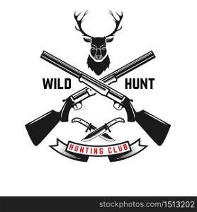 Emblem template of hunting emblem with deer head. Design element for logo, label, sign, poster, t shirt. Vector illustration
