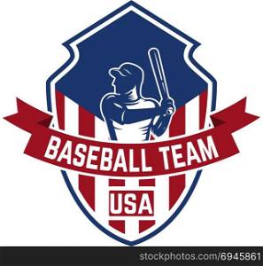 emblem template with baseball player. Design element for logo, label, emblem, sign. Vector illustration