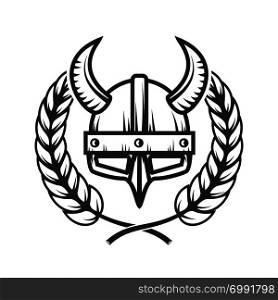 Emblem template with horned helmet and wreath. Design element for logo, label, emblem, sign. Vector illustration
