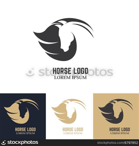 Emblem template with horse head. Design elements for logo, label, badge, sign. Vector illustration.