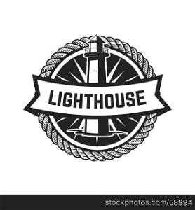 Emblem template with lighthouse isolated on white background. Design elements for logo, label, emblem, sign, badge. Vector illustration
