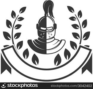Emblem template with retro style knight helmet. Design element for logo, label, sign. Vector image. Emblem template with retro style knight helmet. Design element for logo, label, sign.