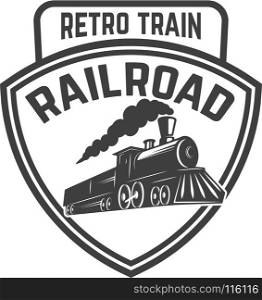 Emblem template with retro train. Rail road. Locomotive. Design element for logo, label, emblem, sign. Vector illustration