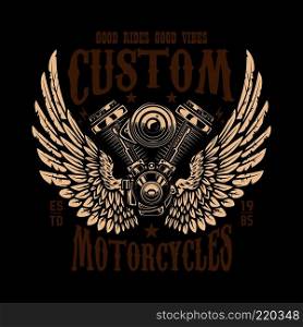 Emblem template with winged motorcycle motor. Design element for poster, logo, label, sign, t shirt. Vector illustration
