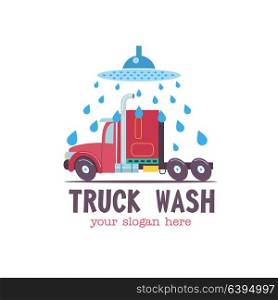 Emblem truck car wash. Vector illustration in cartoon style. The truck in the water droplets on the wash.