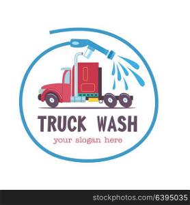 Emblem truck car wash.Vector illustration in cartoon style. The truck at the car wash, the emblem in the circle formed by the hose with water.
