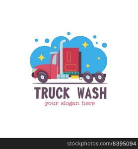 Emblem truck car wash. Vector illustration in cartoon style. The truck in the water droplets and the foam on the wash.