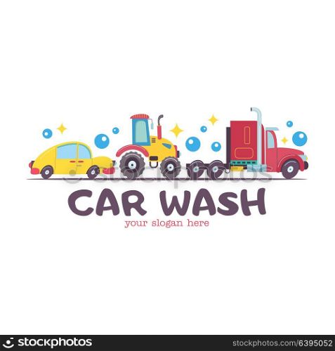 Emblem truck car wash. Vector illustration in cartoon style. Trucks, tractor at a car wash.