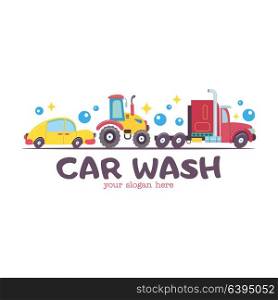 Emblem truck car wash. Vector illustration in cartoon style. Trucks, tractor at a car wash.