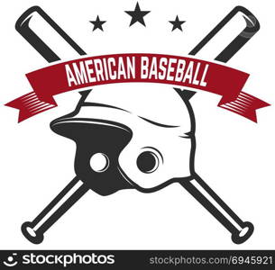 Emblem with crossed baseball bat and baseball glove. Design element for logo, label, emblem, sign, badge. Vector illustration