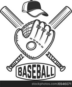 Emblem with crossed baseball bat and baseball glove. Design element for logo, label, emblem, sign, badge. Vector illustration
