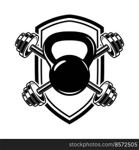 Emblem with kettlebells and barbells. Design element for logo, label, sign, emblem, poster. Vector illustration