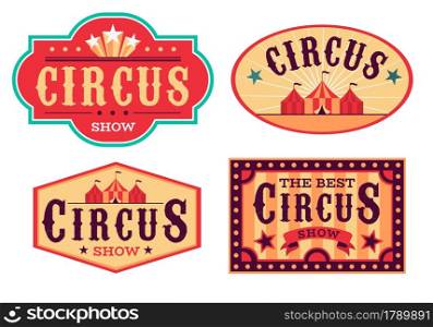 Emblems circus. Fun carnival festival, retro paper signboard, invitational banners and posters event labels. Red bright colors, striped tents and letterings on ribbons vector flat cartoon isolated set. Emblems circus. Fun carnival festival, retro paper signboard, invitational banners and posters event labels. Red colors, striped tents and letterings on ribbons vector cartoon isolated set