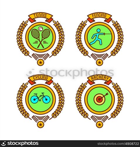 Emblems of sports clubs. Tennis, fencing, Cycling, archery. Vector illustration.