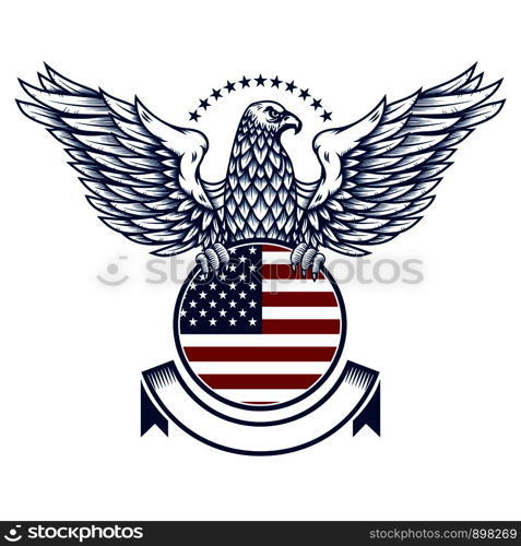 emblems with eagles and usa flags. Design element for poster, emblem, sign, logo, label. Vector illustration