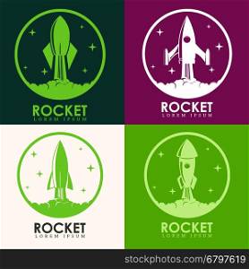 Emblems with rocket launch. Design elements for logo, label, emblem,sign, brand mark. Vector illustration.
