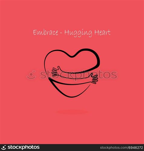 Embrace,Hugging heart symbol.Hug yourself logo.Love yourself logo.Love and Heart Care icon.Hand with Heart shape and healthcare & medical concept.Vector illustration