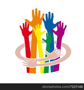 Embrace the people. Vector sign hands with rainbow. Gay pride parade concept