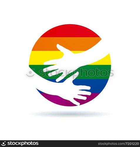 Embrace the world. Vector sign hands with rainbow. Gay pride parade concept