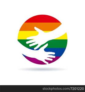 Embrace the world. Vector sign hands with rainbow. Gay pride parade concept
