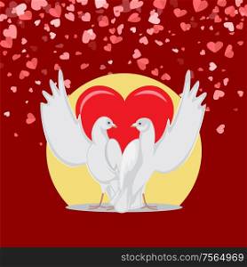 Embracing birds with raised wings look at each others. Doves symbol of love, Valentine postcard with animals decorated by hearts and circle on red vector. Embracing Doves with Raised Wings, Valentine Vector
