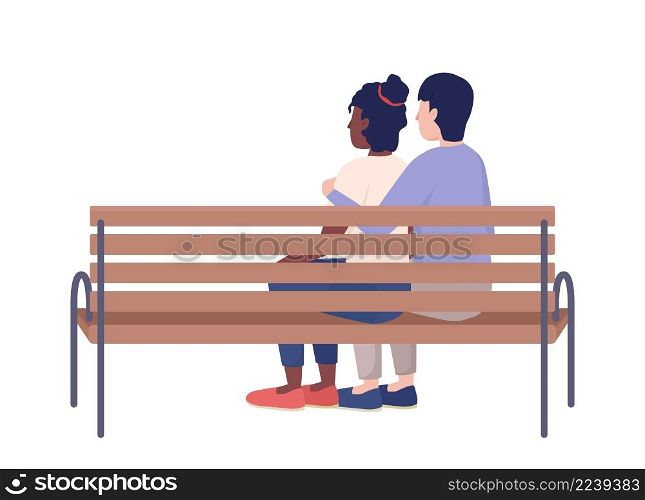 Embracing couple on bench semi flat color vector characters. Sitting figures. Full body people on white. Hugging with beloved simple cartoon style illustration for web graphic design and animation. Embracing couple on bench semi flat color vector characters