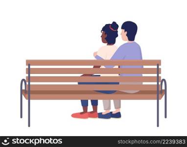 Embracing couple on bench semi flat color vector characters. Sitting figures. Full body people on white. Hugging with beloved simple cartoon style illustration for web graphic design and animation. Embracing couple on bench semi flat color vector characters