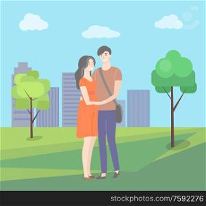 Embracing couple together, smiling man and woman standing in park, portrait view of hugging people in citypark. Green trees and buildings, cloudy vector. Man and Woman Standing Together in Citypark Vector