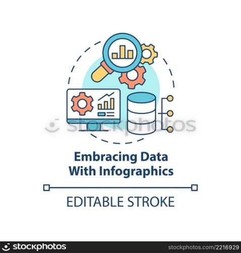 Embracing data with infographics concept icon. Stats perform. Marketing trend abstract idea thin line illustration. Isolated outline drawing. Editable stroke. Arial, Myriad Pro-Bold fonts used. Embracing data with infographics concept icon