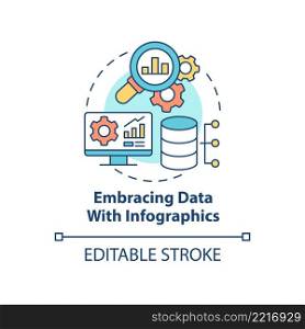 Embracing data with infographics concept icon. Stats perform. Marketing trend abstract idea thin line illustration. Isolated outline drawing. Editable stroke. Arial, Myriad Pro-Bold fonts used. Embracing data with infographics concept icon