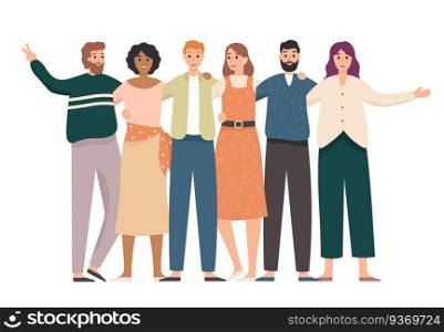 Embracing friends group portrait. Happy students, school teenagers friends stand together and friendship. School classmate teenager friend character or corporate colleagues meeting vector illustration. Embracing friends group portrait. Happy students, school teenagers friends stand together and friendship vector illustration