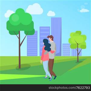 Embracing people in love and summer season, man and woman walking outdoors, buildings on background. Vector hugging couple back view, happy lovers. Embracing People in Love and Summer Season City