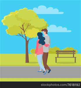 Embracing people in love and summer season, man and woman walking outdoors, trees on background. Vector hugging couple back view, happy lovers. Embracing People in Love and Summer Season City