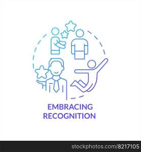 Embracing recognition blue gradient concept icon. Stimulate employees. Motivation worker program. Retention abstract idea thin line illustration. Isolated outline drawing. Myriad Pro-Bold font used. Embracing recognition blue gradient concept icon