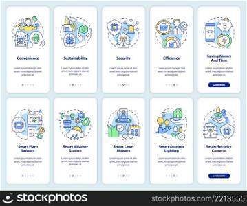 Embracing smart technology onboarding mobile app screen set. Farming walkthrough 5 steps graphic instructions pages with linear concepts. UI, UX, GUI template. Myriad Pro-Bold, Regular fonts used. Embracing smart technology onboarding mobile app screen set
