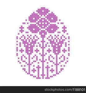 Embroidered Easter egg with abstract flowers oh white background.Cross stitch embroidery Easter egg.