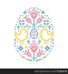 Embroidered Easter egg with chickens and flowers oh white background