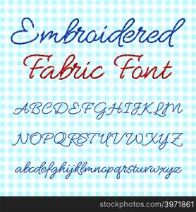 Embroidered fabric font with calligraphic letters. Vector thread alphabet. Stitch abc embroidery, illustration of type abc sewing. Embroidered fabric font with calligraphic letters. Vector thread alphabet