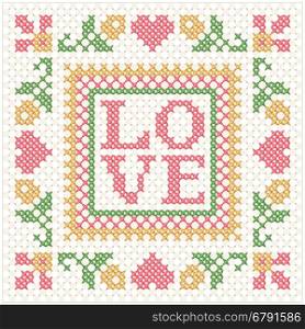 Embroidered Stitch Frame With Love Text, Flower and Heart. Scrapbook Design Element.