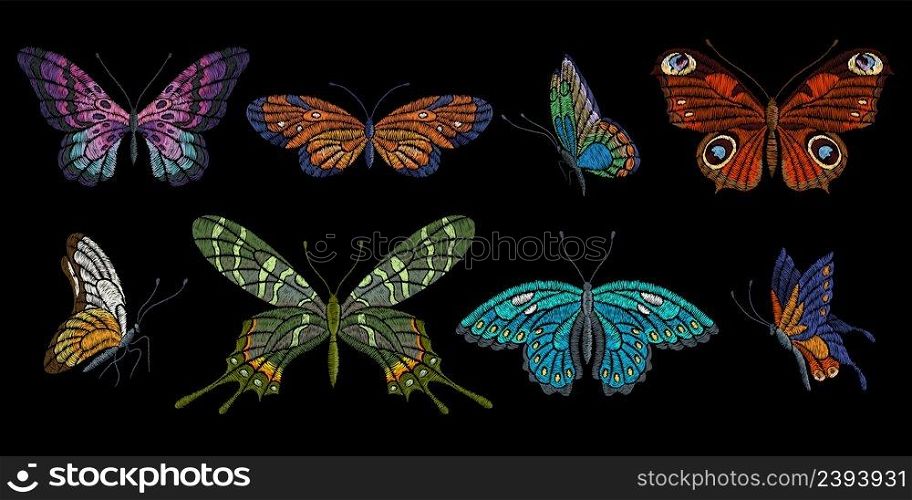 Embroidery butterflies. Floral butterfly, orange blue flying insects. Textile decoration, fashion graphic patches. Stitch templates, nowaday vector set. Illustration of butterfly embroidery. Embroidery butterflies. Floral butterfly, orange blue flying insects. Textile decoration, fashion graphic patches. Stitch templates, nowaday vector set