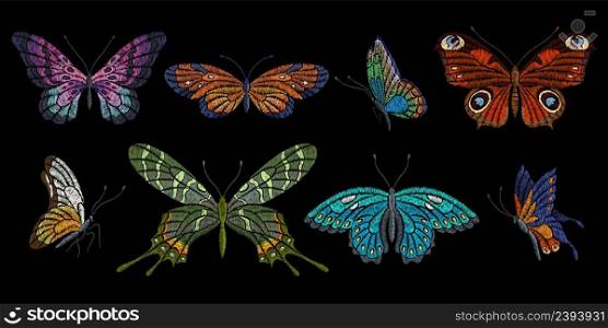 Embroidery butterflies. Floral butterfly, orange blue flying insects. Textile decoration, fashion graphic patches. Stitch templates, nowaday vector set. Illustration of butterfly embroidery. Embroidery butterflies. Floral butterfly, orange blue flying insects. Textile decoration, fashion graphic patches. Stitch templates, nowaday vector set