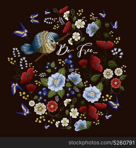 Embroidery colorful floral pattern. Embroidery colorful pattern with floral ornament little bird on branch and flying blue butterflies on black background flat vector illustration