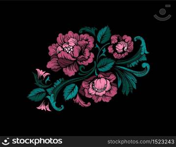 Embroidery Design in Baroque Style. Independent composition with flowers and leaves. Vector. Embroidery Design in Baroque Style. Vector