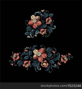 Embroidery Design in Baroque Style. Independent composition with flowers and leaves. Vector. Embroidery Design in Baroque Style. Vector