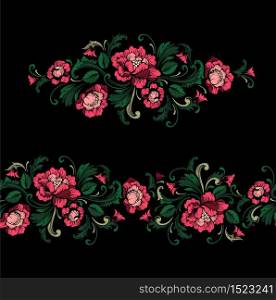 Embroidery Design in Baroque Style. Seamless border and independent composition with flowers and leaves. Vector. Embroidery Design in Baroque Style. Seamless border and independent composition. Vector