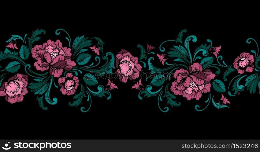 Embroidery Design in Baroque Style. Seamless border with flowers and leaves. Vector. Embroidery Design in Baroque Style. Seamless border. Vector