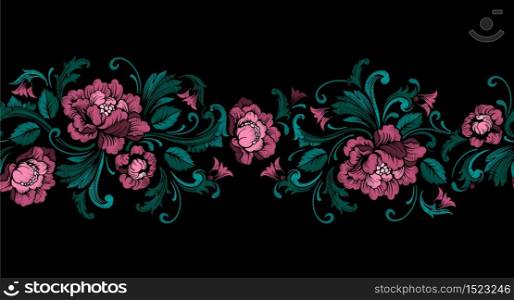 Embroidery Design in Baroque Style. Seamless border with flowers and leaves. Vector. Embroidery Design in Baroque Style. Seamless border. Vector