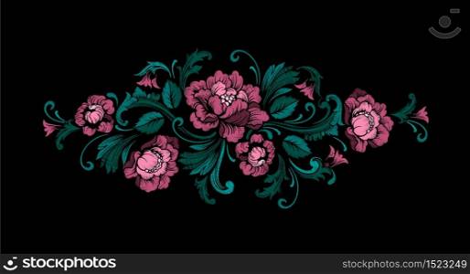 Embroidery Design in Baroque Style. Seamless border with flowers and leaves. Vector. Embroidery Design in Baroque Style. Vector