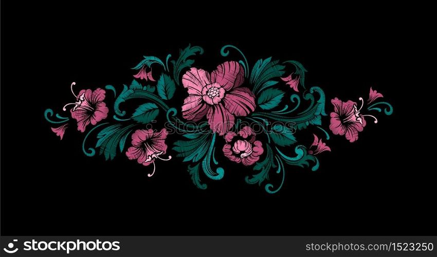 Embroidery Design in Baroque Style. Seamless border with flowers and leaves. Vector. Embroidery Design in Baroque Style. Vector