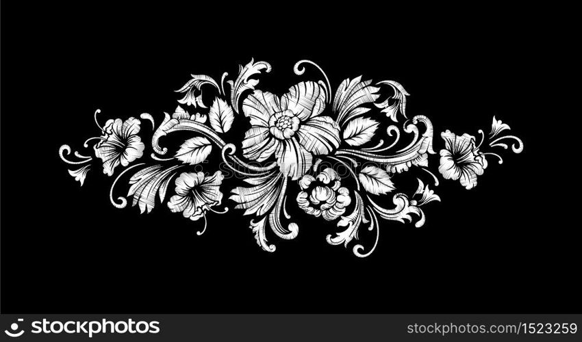 Embroidery Design in Baroque Style. Seamless border with flowers and leaves. Vector. Embroidery Design in Baroque Style. Vector